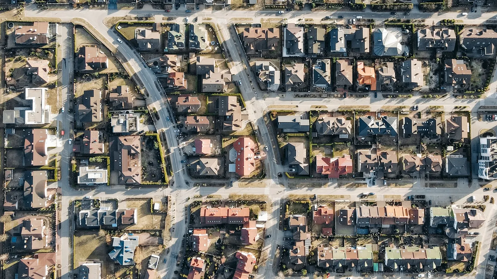 Aerial view of houses and streets in a residential neighborhood